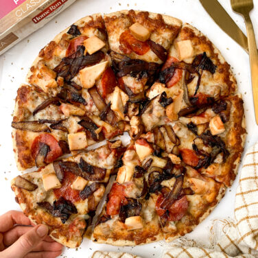 Chicken and balsamic caramelized onion on pizza
