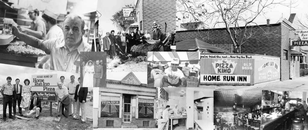 Collage of black and white images showing important people and milestones throughout the history of Home Run Inn Pizza