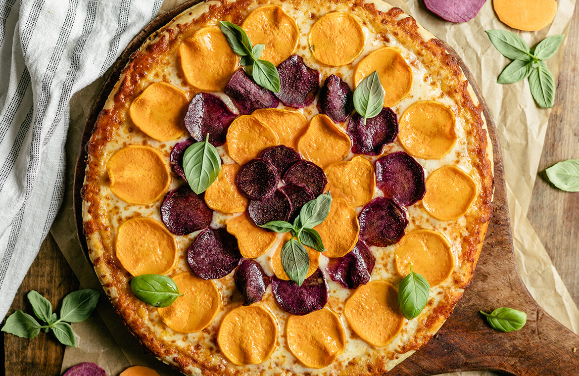 Pizza with ube and sweet potato slices on top
