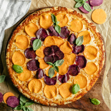 Pizza with ube and sweet potato slices on top