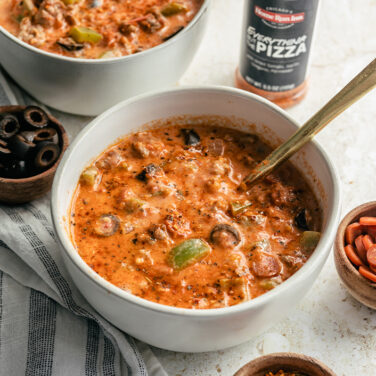 Pizza soup in bowl with pizza seasoning