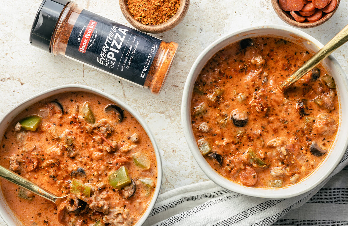 Pizza soup in bowl with pizza seasoning