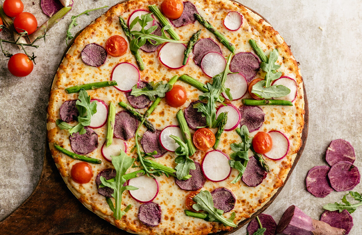 Pizza with ube, radish, and more veggies