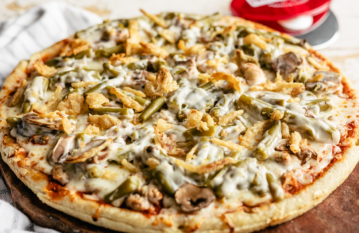 Pizza topped with green bean casserole