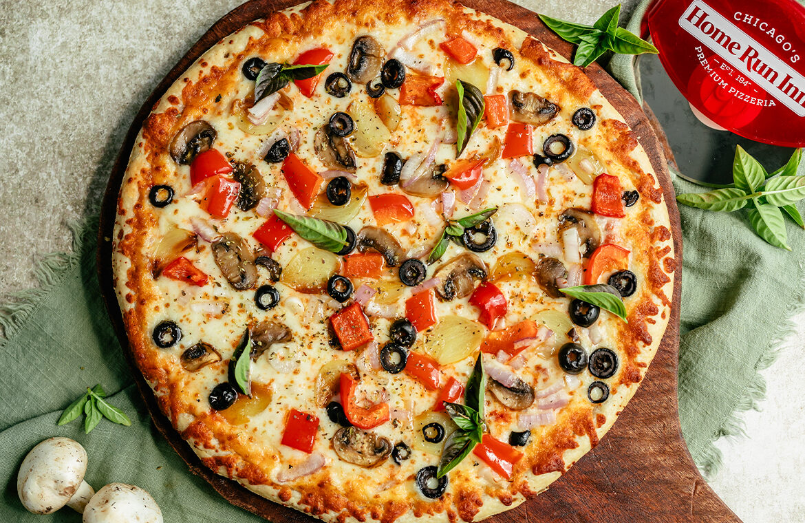 Baked Pizza Topped with a medley of vegetables