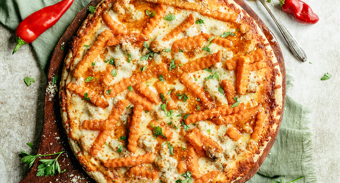 Grilled Sweet Potato Fry Pizza with Chili Oil Drizzle Recipe | Home Run Inn Pizza
