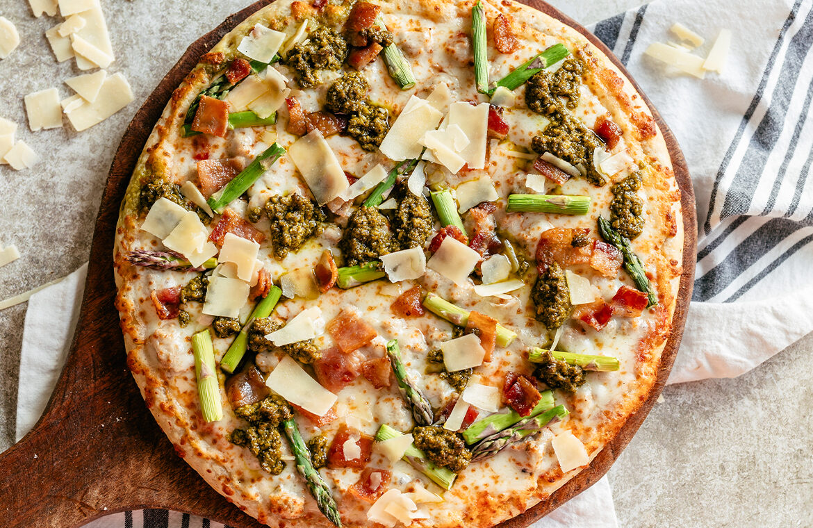 Baked home run inn pizza topped with recipe ingredients