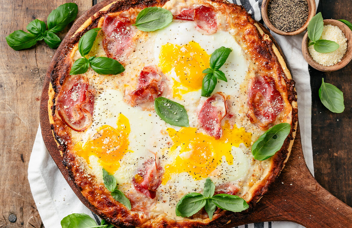 Baked home run inn pizza topped with recipe ingredients