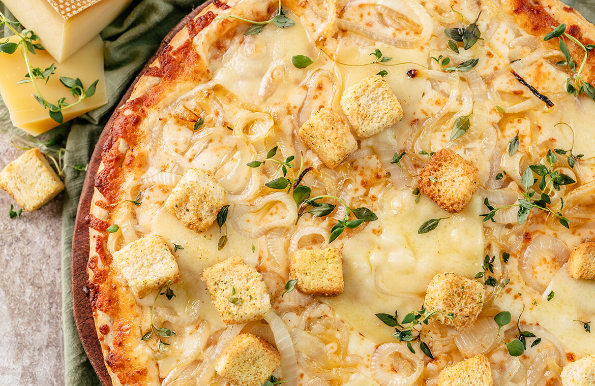 Baked home run inn pizza topped with recipe ingredients