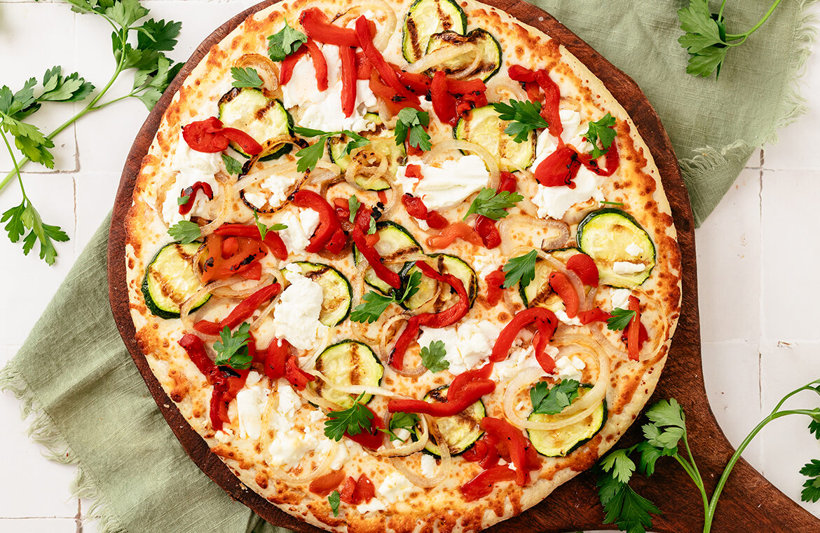 Baked home run inn pizza topped with recipe ingredients