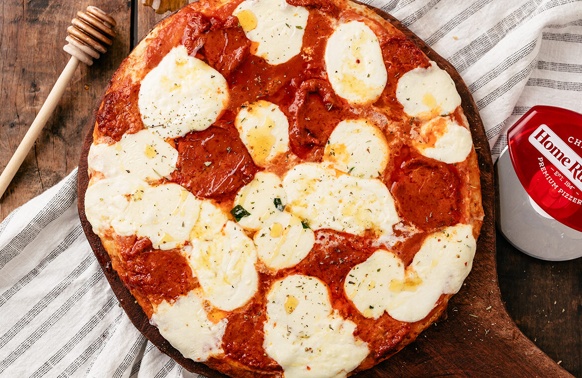 Baked pizza topped with ingredients from recipe
