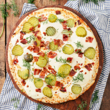 Baked home run inn pizza topped with recipe ingredients