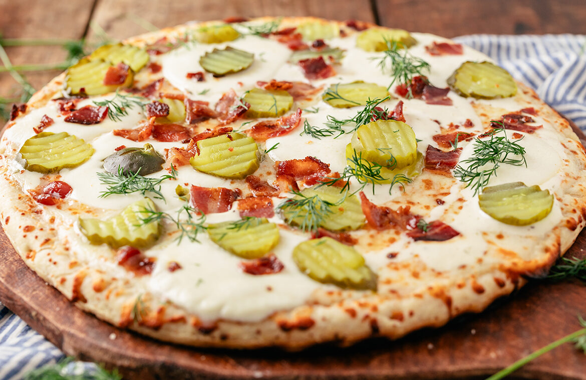 Baked home run inn pizza topped with recipe ingredients