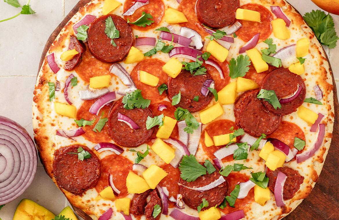 Baked home run inn pizza topped with recipe ingredients