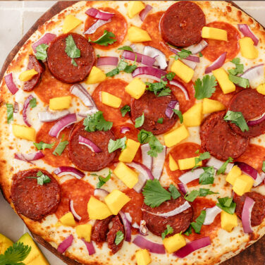 Baked home run inn pizza topped with recipe ingredients