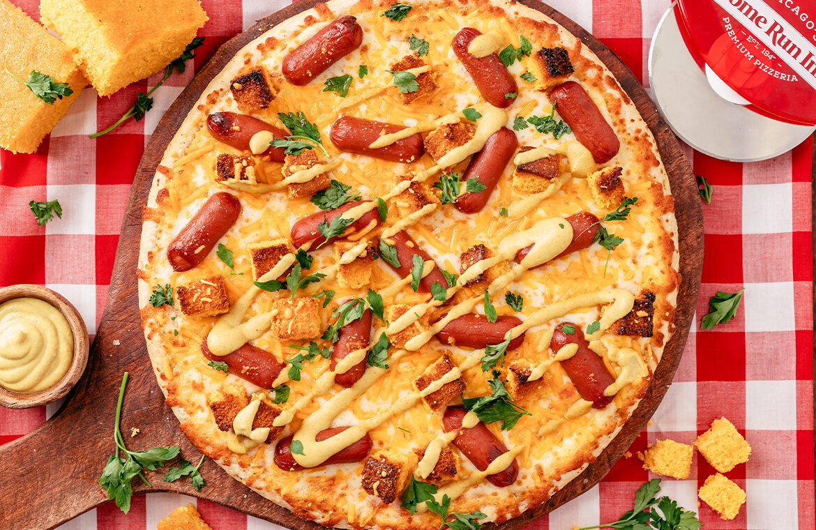 Baked pizza with recipe ingredients on top