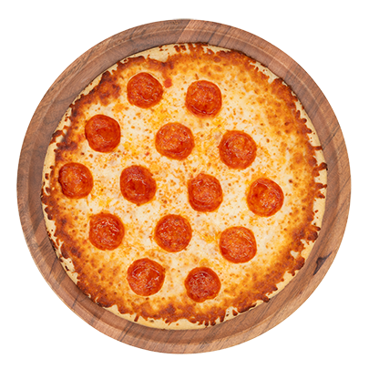 pepperoni pizza on a wooden platter