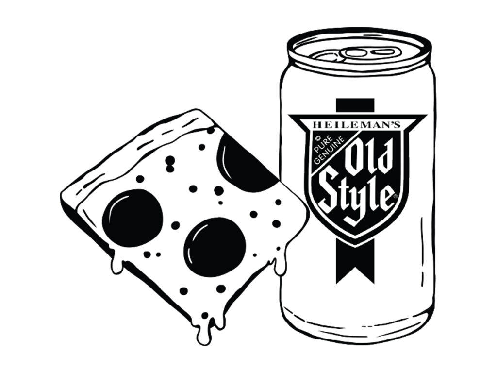 Illustration of a square pizza slice and an Old Style beer can