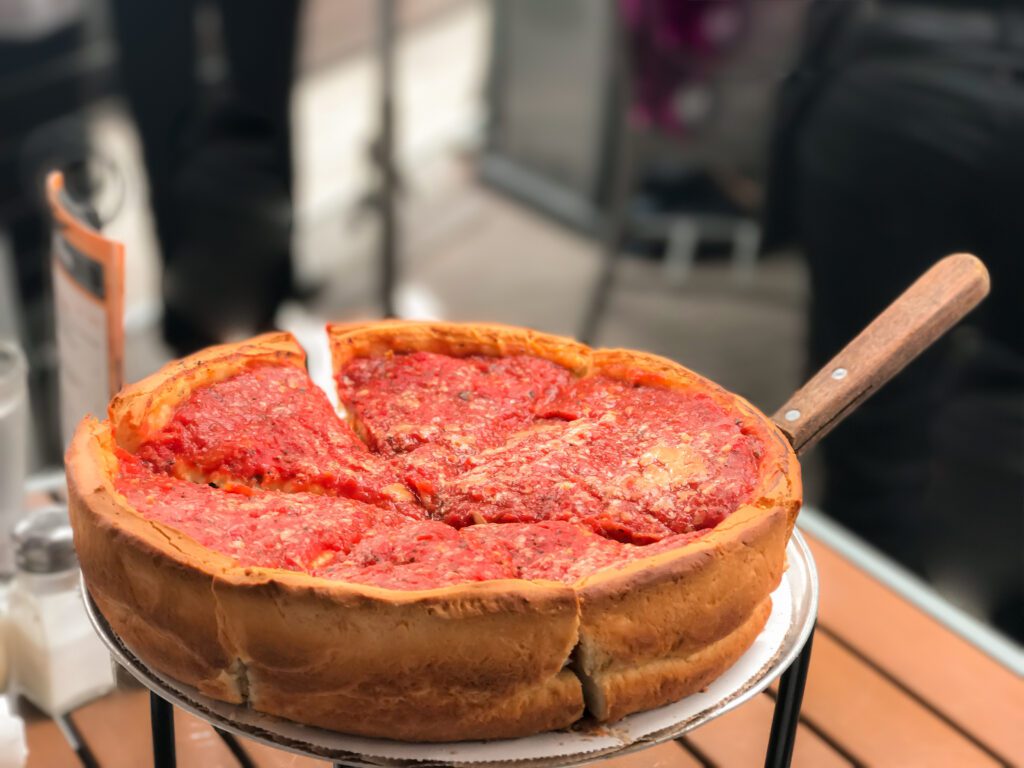 Cheese pizza, Chicago style deep dish italian cheese pizza with tomato sauce.