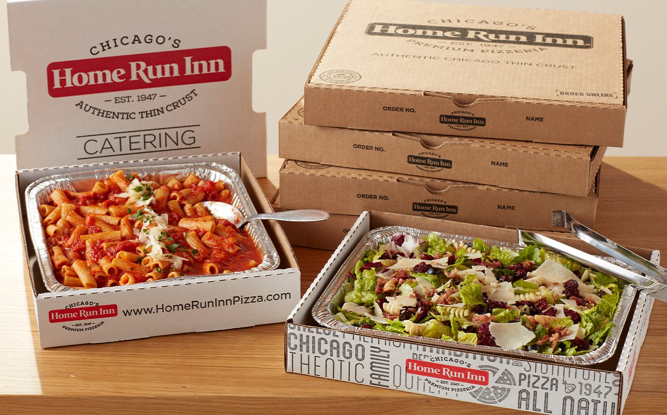 Pasta and salad boxed in catering packages